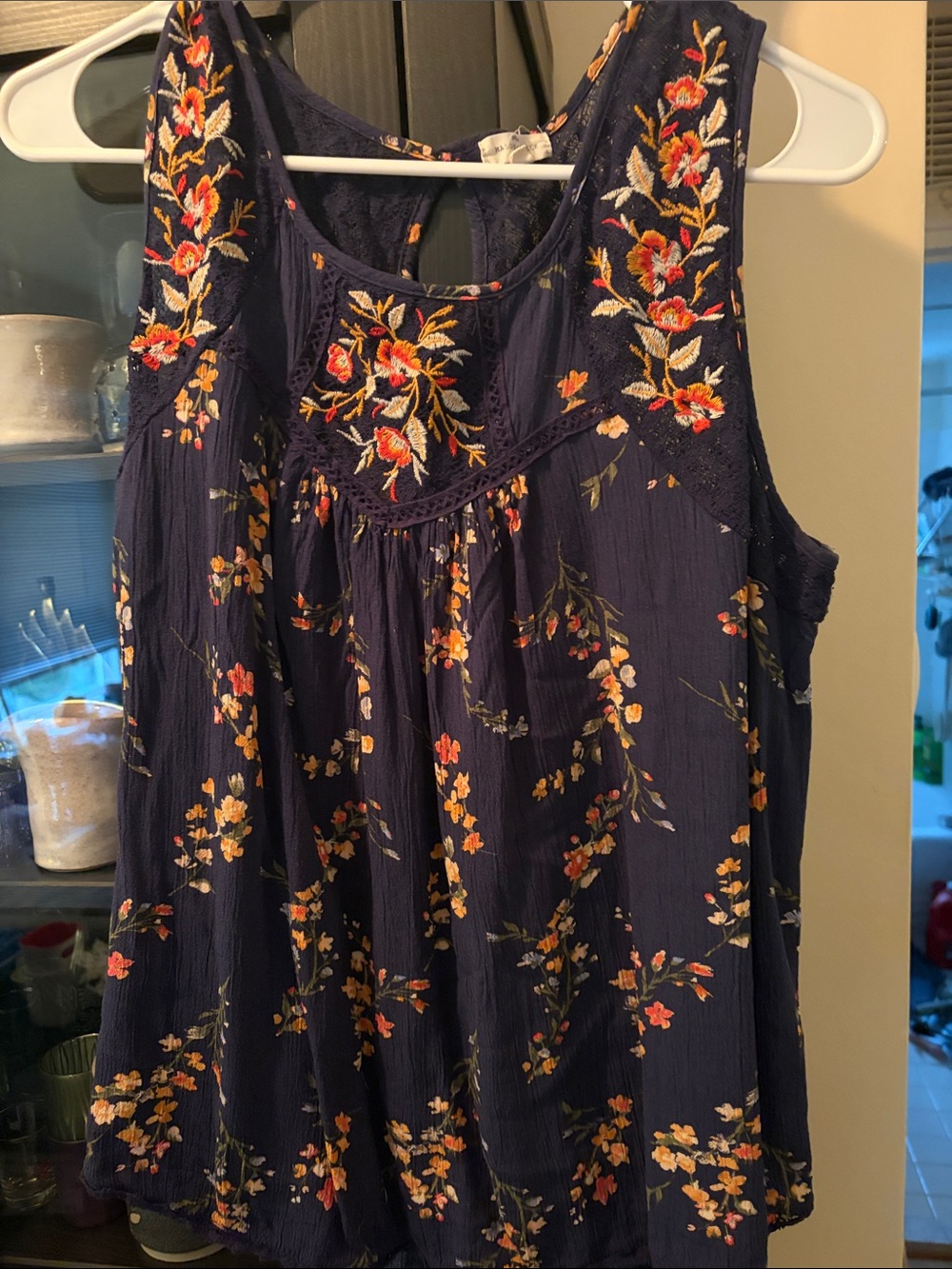 Women's Navy Floral Embroidered Tank Top